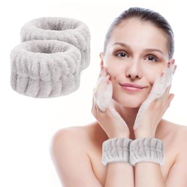 Imagem de 2 pulseiras de microfibra macia para lavar o rosto, elásticos absorventes de toalha, evitar derramamentos de líquidos, acessórios reutilizáveis de lavagem facial para mulheres (cinza)