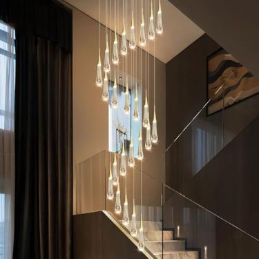 Imagem de Lustre LED em formato de gota de chuva, dimerizável, com 24 lâmpadas, 300 cm de comprimento, grande, em espiral de cristal dourado, luminária de teto pendente moderna para iluminação interna