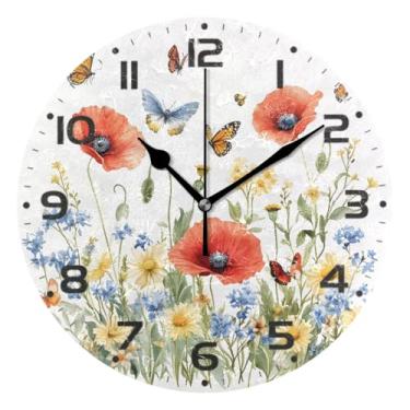 Imagem de Qilmy Relógio de parede pequeno moderno de flores silvestres estilo vintage, 25 cm, operado por bateria, silencioso, sem tique-taque, relógio decorativo para casa, escritório, escola, quarto, banheiro