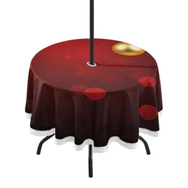 Imagem de Qilmy Toalha de mesa redonda à prova d'água com bola de Natal de 152 cm com orifício para guarda-chuva e zíper – uso externo / interno resistente para pátio, churrascos, piqueniques, festas (serve
