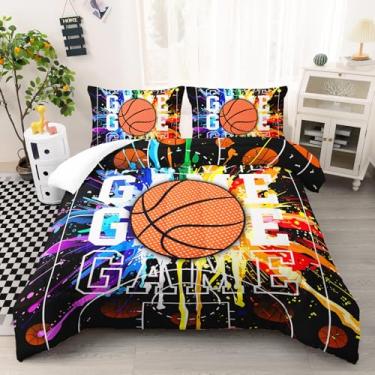 Imagem de AILONEN Conjunto de edredom completo de basquete graffiti, hip hop, colorido, 2 fronhas, bola esportiva, basquete, conjunto de cama para meninos e meninas, 3 peças