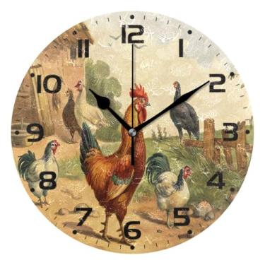 Imagem de JUZIHAI Relógio de parede de galo de fazenda, silencioso, sem tique-taque, relógios de parede redondos operados por bateria, fácil de ler, relógio decorativo de parede para casa, cozinha, sala de