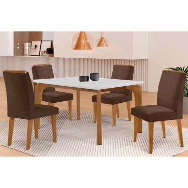 Imagem de Sala Jantar Mesa Londrina Tampo c/ Vidro Curvo 120cm 4 Cadeiras Dakota Madeira Naturale/Off White - Capuccino/Suede Marrom - Rufato