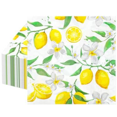 Imagem de 50 peças de guardanapos de coquetel de limão, 16,5 x 16,5 cm amarelo com tema cítrico, toalhas de mão decorativas descartáveis guardanapos de papel para cozinha, festas de verão, piqueniques e eventos