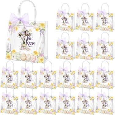 Imagem de Henoyso 24 peças de sacos de presente transparentes de páscoa sacos de doces de plástico cristão com alças 19 x 20 x 7,8 cm x 7,1 cm sacola de lembrancinha de festa de PVC reutilizável com fita para