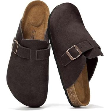 Imagem de Project Cloud Tamancos femininos de couro genuíno - Pantufas femininas com suporte de arco de espuma viscoelástica - Sandálias femininas modernas sem cadarço (Benton), Camurça marrom Choco, 35