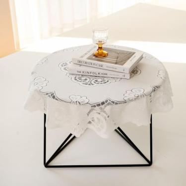 Imagem de 1 toalha de mesa redonda bordada – capa de mesa de poliéster com acabamento em renda branca para mesas de jantar, decoração de casa, cobertor de piquenique de 90 cm