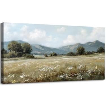 Imagem de SLYCAY Pinturas em tela de arte de parede de paisagem vintage grande, retrô, mudo, verde, natureza, campo, fazenda, decoração de parede, obras de arte, fotos, sala de estar, banheiro, natureza