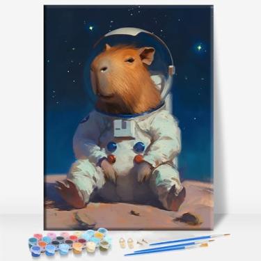 Imagem de HUINORYA Spaceman Capybara Tela emoldurada DIY Kit de pintura por números bar café caverna sala de casa parede banheiro varanda pátio decoração presente, 40,6 x 30,5 cm