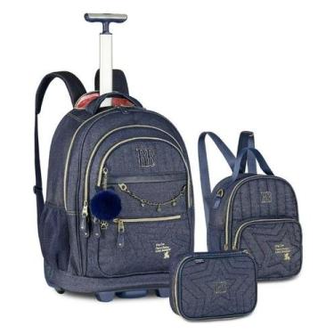 Imagem de Kit Mochila Rodinha Jeans Rb Rebecca Bonbon Estojo Lancheira