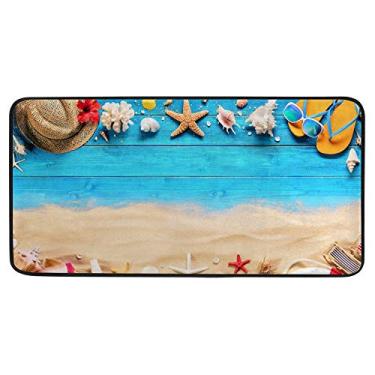 Imagem de Tapete de cozinha de praia em tábua azul, decoração de areia absorvente, confortável, tapete macio para corredor, banheiro, sala de estar, quarto, 99 x 50 cm