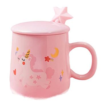 Imagem de Caneca de unicórnio com colher de tampa 3D linda xícara de chá de café cerâmica conjunto de caneca presente de aniversário para mulheres amantes de amigos (unicórnio estrela rosa, 400 ml)