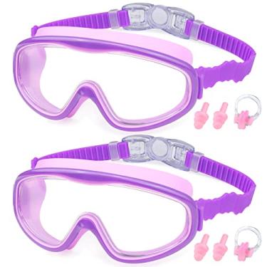 Imagem de KAILIMENG Pacote com 2 óculos de natação para crianças, visão ampla, sem vazamento, proteção UV e protetores de ouvido com clipe de nariz para crianças de 3 a 15 anos (roxo e roxo, pacote com 2)