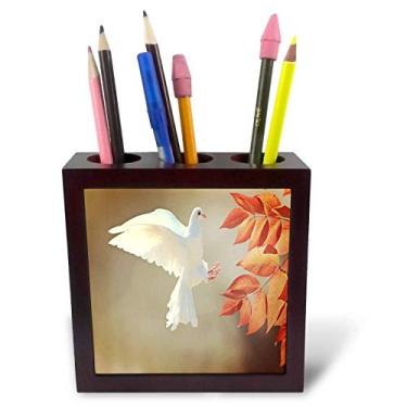 Imagem de 3dRose Suporte para caneta de azulejo, imagem de pomba branca flutuando com folhas de pêssego