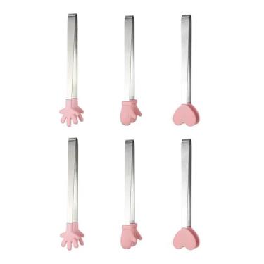 Imagem de NentMent Pacote com 3 mini pinças de sobremesa clipe de cubo de gelo inoxidável rosa mão coração forma luva pequena antiderrapante silicone assar pão clipes para crianças churrasco salada doce açúcar