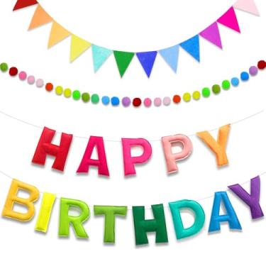 Imagem de Sekonow Pacote com 3 faixas de feliz aniversário, guirlanda de aniversário arco-íris 3D de feltro com bolas e bandeiras de bandeira, placa colorida reutilizável de feliz aniversário para decorações de