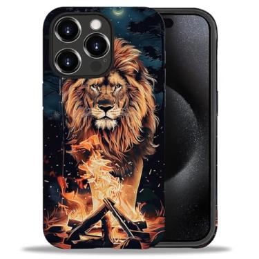 Imagem de FKBRCL4U Capa para iPhone 15 Pro Max, capa protetora de silicone híbrida de 2 camadas para meninas e mulheres, juba de leão em chamas com estampa noturna de acampamento para iPhone 15 Pro Max