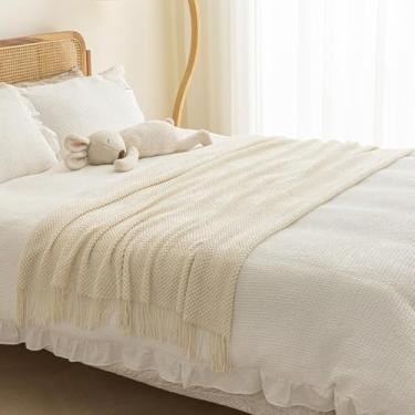 Imagem de Cachecol de corredor de cama de hotel cor sólida macio sem desbotamento toalha de cama com borla protetor de cama respirável cobertor de malha colcha de quarto decoração - branco ||70 * 260 cm (cama