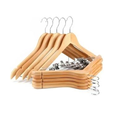 Imagem de Kit 20 Cabide De Madeira Com Presilha Adulto 45cm Marfim Envernizados Com Barra Deslizante - Ideal Para Roupas, Calça, Camisas, Terno, Saia, blazer