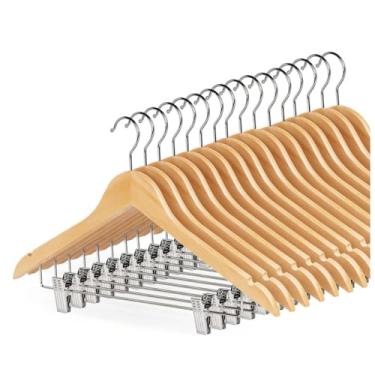 Imagem de Kit 10 Cabide De Madeira Com Presilha Adulto 45cm Marfim Envernizados Com Barra Deslizante - Ideal Para Roupas, Calça, Camisas, Terno, Saia, blazer