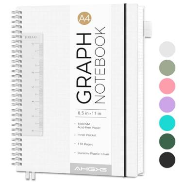Imagem de AHGXG Caderno de papel milimetrado – Caderno espiral 21,6 cm x 28 cm, caderno gráfico grande A4, papel quadriculado grosso de 100 g/m², diários de capa de plástico à prova d'água para escrita,