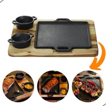 Imagem de Chapa Petisqueira 22x22cm em Ferro Fundido com 2 Molheiras e Suporte d