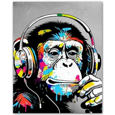 Imagem de Color Beats in Primate Thoughts - Pôster Cool Monkey Dj - Impressão de parede de arte pop sem moldura 20 x 25 - Decoração de quarto de menino adolescente estilo grafite - Pôster musical hiphop para