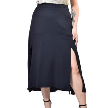 Imagem de Saia Midi c/ Fendas Viscose Sarjada Plus Size 42 Ao 52 - Sutsen, Preto
