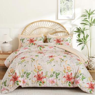 Imagem de Drucon Conjunto de edredom King Size – 7 peças de cama floral, bege, macio, cama king size em uma bolsa com edredom de flores botânicas, lençóis, fronhas e fronhas