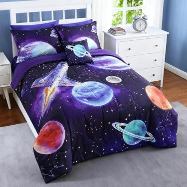 Imagem de Conjunto de edredom infantil casal para meninos, foguete espacial que brilha no escuro, 1 edredom, 1 travesseiro decorativo, 2 fronhas