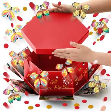Imagem de Dunzoom Caixa de presente surpresa de borboleta voadora, grande caixa de presente de aniversário DIY com 12 peças de borboleta voadora, decoração de fantasia explosiva para aniversário, casamento