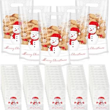 Imagem de Gersoniel 100 peças de sacos de presente de Natal, sacos de plástico seláveis de boneco de neve com alças para lembrancinhas de festa de Natal, doces, pequenos suprimentos de embrulho de presente para