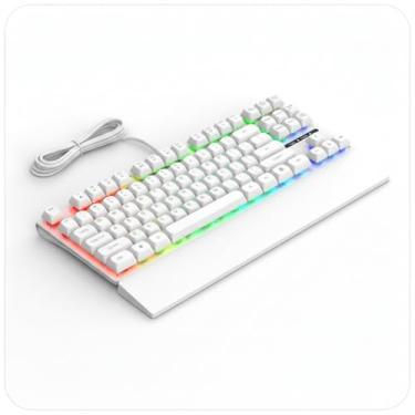 Imagem de Teclado Gamer com Fio USB 87 Teclas com Iluminação Colorida E-Sports de Membrana com Toque Mecânico e Apoio de Pulso Removível Layout US (Branco)