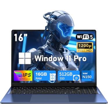 Imagem de Laptop de 16 polegadas, laptop para jogos 2025, 16 GB RAM 512 GB SSD, processador N150 (até 3,6 GHz), 2 anos de garantia, FHD 1920 x 1200, retroiluminado, BT4 WIFI5, Windows 11 Pro, 6000mAh/46,2Wh