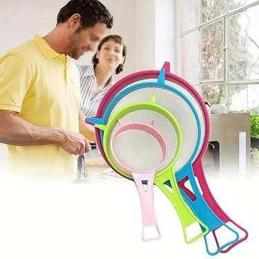 Imagem de 4 coador de malha de plástico com alça, coador de malha de alimentos, peneira de farinha para assar cozinha, peneira, chá, suco, macarrão, colorido