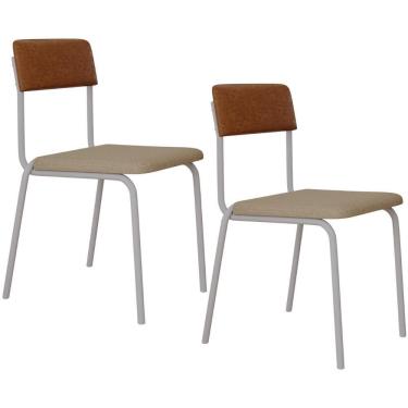 Imagem de Kit 02 Cadeiras Estofada Para Sala De Jantar Sense Branco C01 Linho Areia Courino Caramelo - Lyam Decor