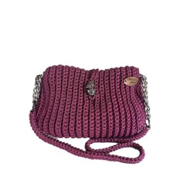 Imagem de Bolsa Luciana de Crochê Vinho em Fio Náutico, Ferragens Ônix com Fecho Tigre, Forro com Bolso Interno, Bolsa Feminina Artesanal