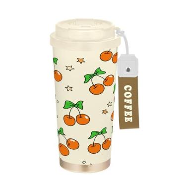Imagem de SEHANY Caneca de viagem de cereja fofa de 482 g Copos de café reutilizáveis revestidos de cerâmica com tampa à prova de vazamento, parede dupla, isolamento a vácuo, copo de café de aço inoxidável para