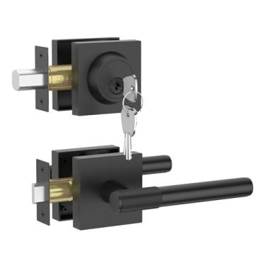 Imagem de Asidrama Conjunto de fechadura de porta dianteira preta resistente: fechadura de cilindro duplo, maçaneta de segurança de liga de zinco para portas externas esquerda/direita, fechaduras de entrada