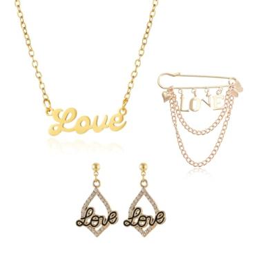 Imagem de QLUYCKW Colar com letra de amor, conjunto de broche, para mulheres, moda, amor, pingente, colar, alfabeto delicado, formato de coração, brincos pendentes para o dia dos namorados, Medium, Liga de aço