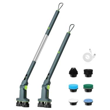 Imagem de Esfregão giratório elétrico, escova dupla sem fio, à prova d'água IPX7 para remoção de escova elétrica, cabo extensível com visor digital, 2 velocidades, 6 cabeças de escova para banheiro, banheira