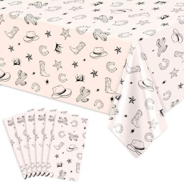 Imagem de JarThenaAMCS 6 peças de toalhas de mesa de cowboy ocidentais capa de mesa de plástico chapéu de cowboy botas de cacto retangular toalha de mesa para chá de bebê de aniversário do oeste selvagem, 137 x