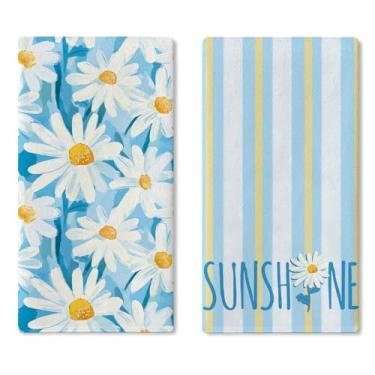 Imagem de Croar Conjunto de 2 panos de prato de cozinha com flores de margarida de primavera, toalha de mão de secagem floral azul pano de cozimento, luz do sol de verão, casa de fazenda, casa de banho