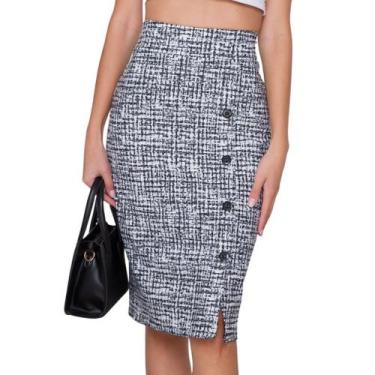 Imagem de Saia Social Midi Suplex com Fenda e Botões - G-Store, Estampado, GG