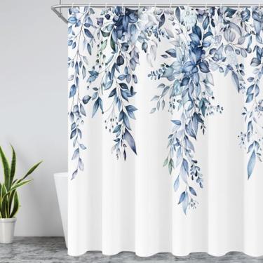 Imagem de YiarTaan Cortina de chuveiro azul eucalipto cortinas de chuveiro para banheiro aquarela eucalipto azul marinho plantas folhas com decoração floral de banheiro tecido impermeável conjuntos de cortinas