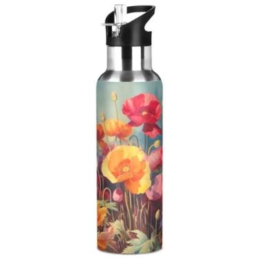 Imagem de Burbuja Garrafa de água de aço inoxidável com pintura de flores, garrafas de água isoladas a vácuo com tampa de canudo para esportes, academia, escola - à prova de vazamento e suor, sem BPA, 940 ml