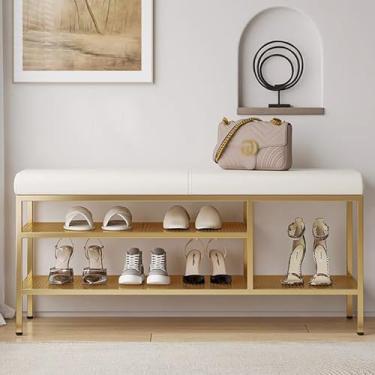 Imagem de Elegante banco de sapatos com almofada - Sapateira de entrada e armazenamento para 6 a 10 pares - Moldura de metal, cor branca esbranquiçada, comprimento de 100 cm - Banco de entrada perfeito