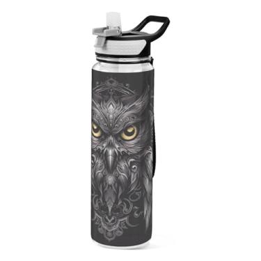 Imagem de Burbuja Garrafa de água Black Owl de 940 ml com tampa de palha, à prova de vazamento e livre de BPA para academia, esportes ao ar livre