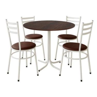 Imagem de Mesa de Jantar Redonda 80cm Imbuia Com 4 Cadeiras Estofada Branca - La