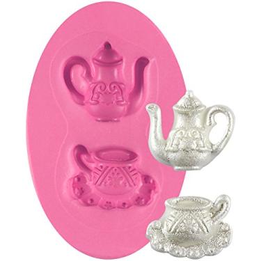 Imagem de Funshowcase Mini Molde de Silicone Vintage para Decoração de Bolos Fondantes de Sugarcraft, Resina, Argila de Polímero, Cera, Sabonete, Projetos de Artesanato, 2122 Teapot Teacup Saucer